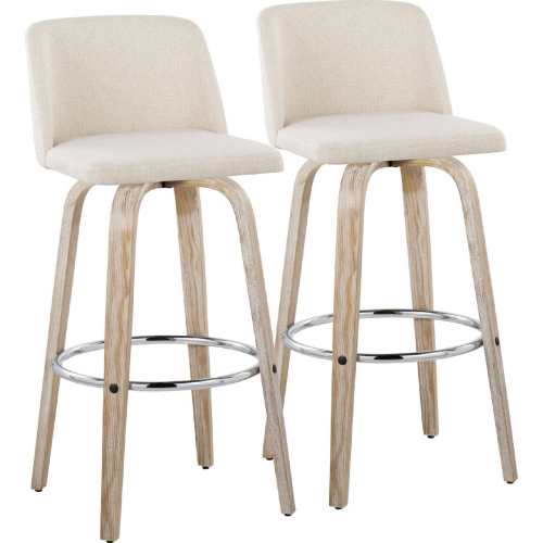 Toriano 30" Swivel Bar Stool in White Washed Wood & Cream Noise Fabric & Chrome (Set of 2)